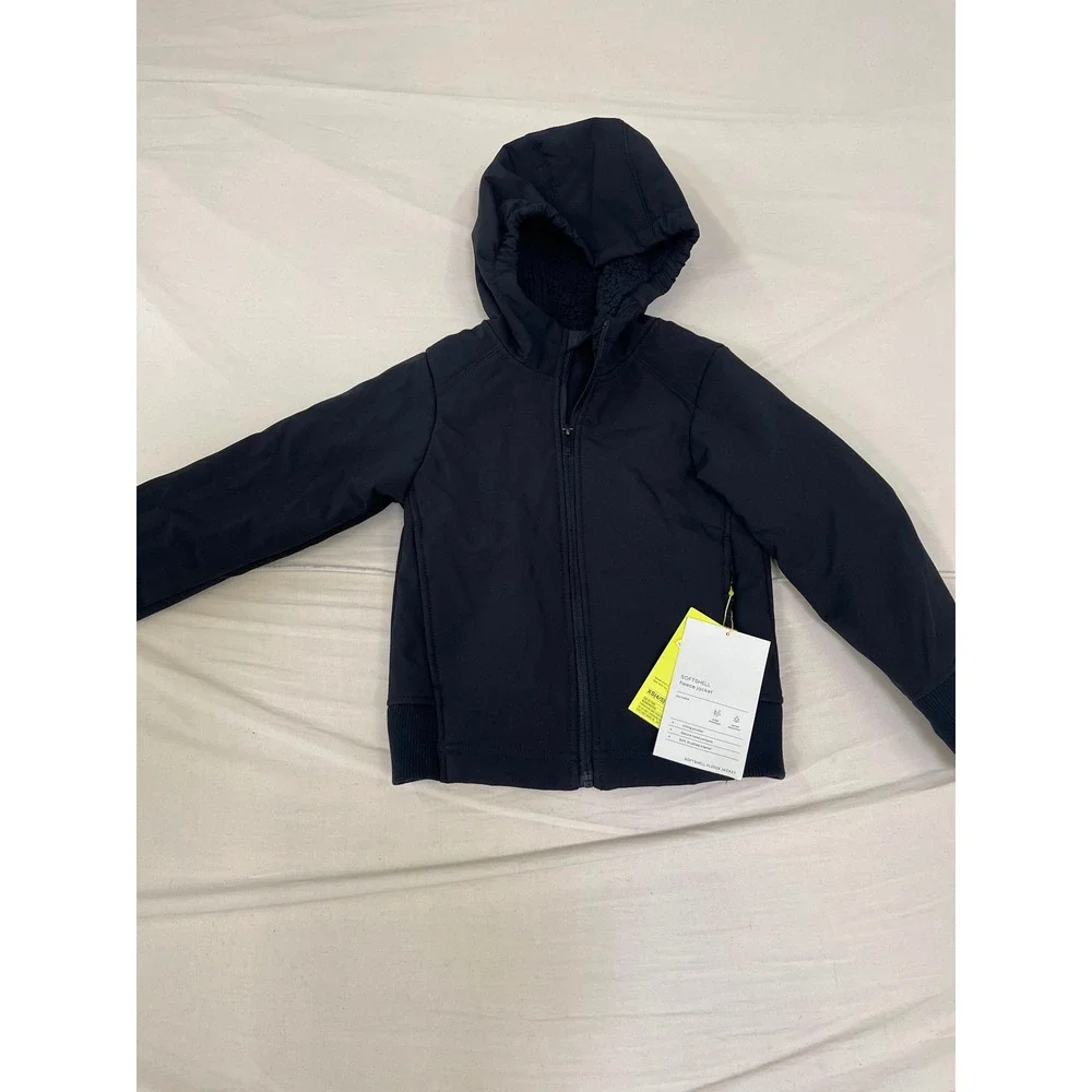 All in Motion Kids Softshell Fleece Jacket Black Full Zip Hooded Coat XS 4/5